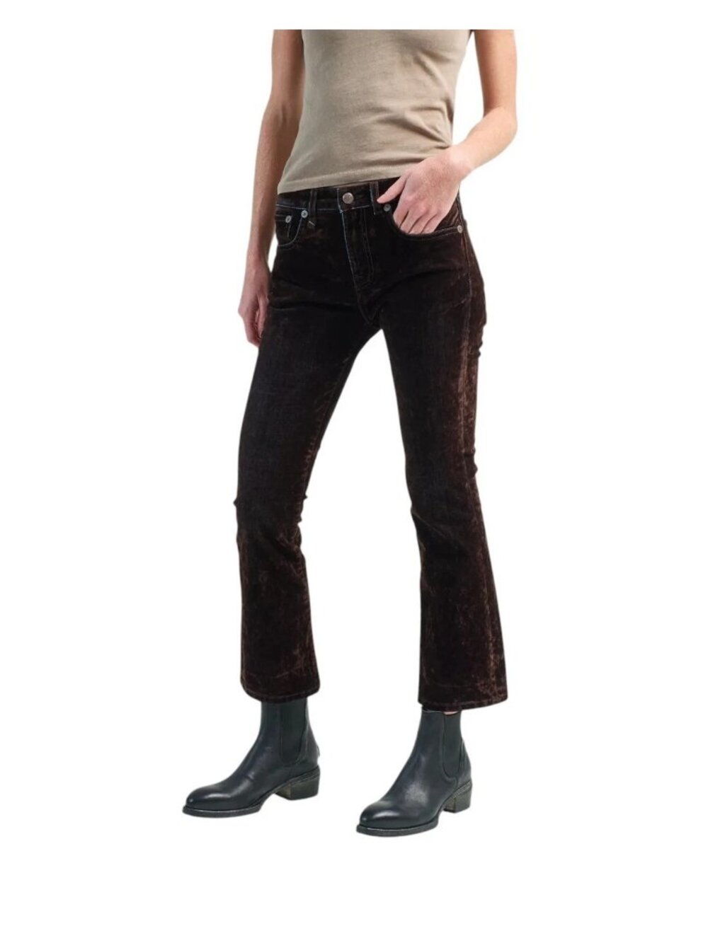 R13 Flocked Brown Velvet Coated Denim Kick Fit Crop Bootcut Jeans $365, Size 25